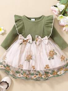 Vestido De Tul Para Bebé Niña De Primavera Otoño Con Manga Larga, Diseño Dulce Y Adorable Con Lazo Y Encaje De Rosas Bordadas - Verde - Ver 2