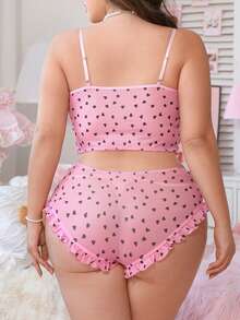 2pcs Plus Size Sweet & Sexy Front Button Floral Print Ruffled Lingerie Set - Pink - View 2