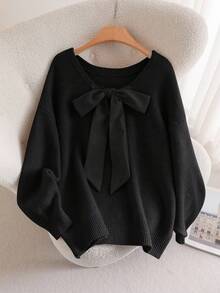 CosyJoli Plus Size Casual V-Neck Bowknot Tie Back Loose Pullover Sweater In Fall/Winter