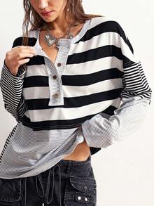 Bohemela 波西米亚风秋冬女式复古休闲基础款条纹拼接长袖T恤，西部乡村风格，适合度假、日常穿着、返校季、圣诞节、新年、情人节等场合。 - 彩色 - 查看 8