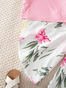 Elladie kids 2 Stück/Set Mädchen süßes einfarbiges Set aus Off-Shoulder Trägertop mit Rissen und weiter Bein Shorts mit Gürtel - Pink - Übersicht 6