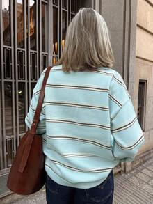 Vivie Lora Women's Collared Striped Knit Sweater, Loose Casual Relaxed Style - Blue - View 4