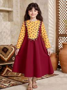 SHEIN Long-Sleeved Floral Print Sequin Abaya Arabic Muslim Young Girls Dresses Fitted Waist - Multicolor - View 10