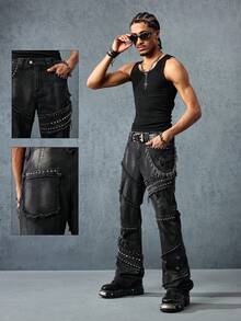 ROMWE MEN Grunge Punk Herren Mode Zerrissene Nieten Dekor Bootcut Jeans - Schwarz - Übersicht 6