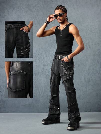 Grunge Punk Men's Fashion Ripped Rivet Decor Flared Jeans