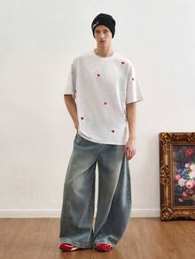 TOKVUE Men's Casual Floral & Heart Embroidered T-Shirt - Light Grey - View 4