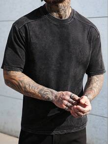 Manfinity CasualCool Men's Solid Color Round Neck Casual Short Sleeve T-Shirt Men Cotton Tshirts Washed T Shirt Men Men T Shirt Mens Athletic Shirt Cut Off Sleeve T Shirt Men Old Money,Daily Leisure, Weekend Trips, Outdoor Activities, Travel Expeditions, Relaxed Work Environments Or Semi-Formal Occasions, Boyfriend/Husband Gift, Anniversary /Birthday Gift Party Christmas New Years Streetwear - Black - View 3