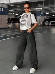 EURMUSE 90'S LOW WAIST BABY BLUE BAGGY LOOSE STRAIGHT LEG JEAN - Dark Grey - View 1