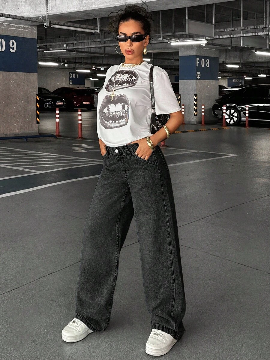 EURMUSE 90'S LOW WAIST BABY BLUE BAGGY LOOSE STRAIGHT LEG JEAN - Dark Grey - View 1