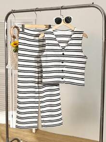 Sparklyn Kid 'Girls' Spring And Summer Two Pieces Set Knitted Striped Short Vest Sleeveless Pants Casual Versatile Commuting Street Button Closure Texture Daily Wear - White - View 3
