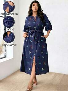 Nubod Đầm sơ mi tay bồng thêu hoa thời trang mùa hè dành cho nữ cỡ lớn có túi và thắt lưng - Màu xanh lam - Xem 1