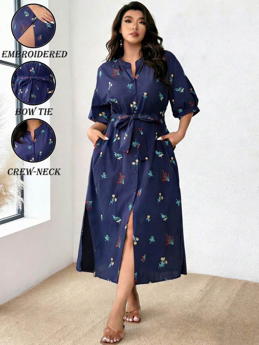 Nubod Đầm sơ mi tay bồng thêu hoa thời trang mùa hè dành cho nữ cỡ lớn có túi và thắt lưng - Màu xanh lam - Xem 1