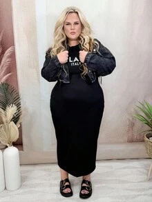 Hourglow Dollyholly86 Plus Size Women's Spring & Fall Casual Frayed Hem Long Sleeve Cropped Denim Jacket, For Hourglass Body Shape - Black - View 2