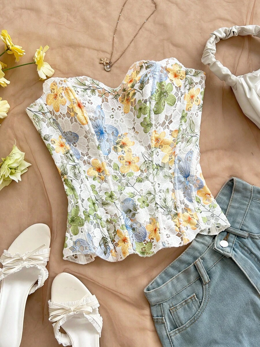 Soleia 性感蕾丝双层修身束身胸衣上衣，镂空刺绣上衣，适合夜间外出、婚礼宾客、秋季、情人节等场合。 - 彩色 - 查看 1