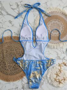 Swim SXY Women's Summer Beach Vacation Halter Neck Special Fabric Dress With Waist Tie And Side Tie Details - Blue - View 5