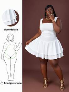 CurvyTilda 2025 春夏新品度假休闲浪漫基本街头日常性感优雅通勤派对夜店纯白色无袖分层迷你连衣裙，加大码 - 白色 - 查看 6