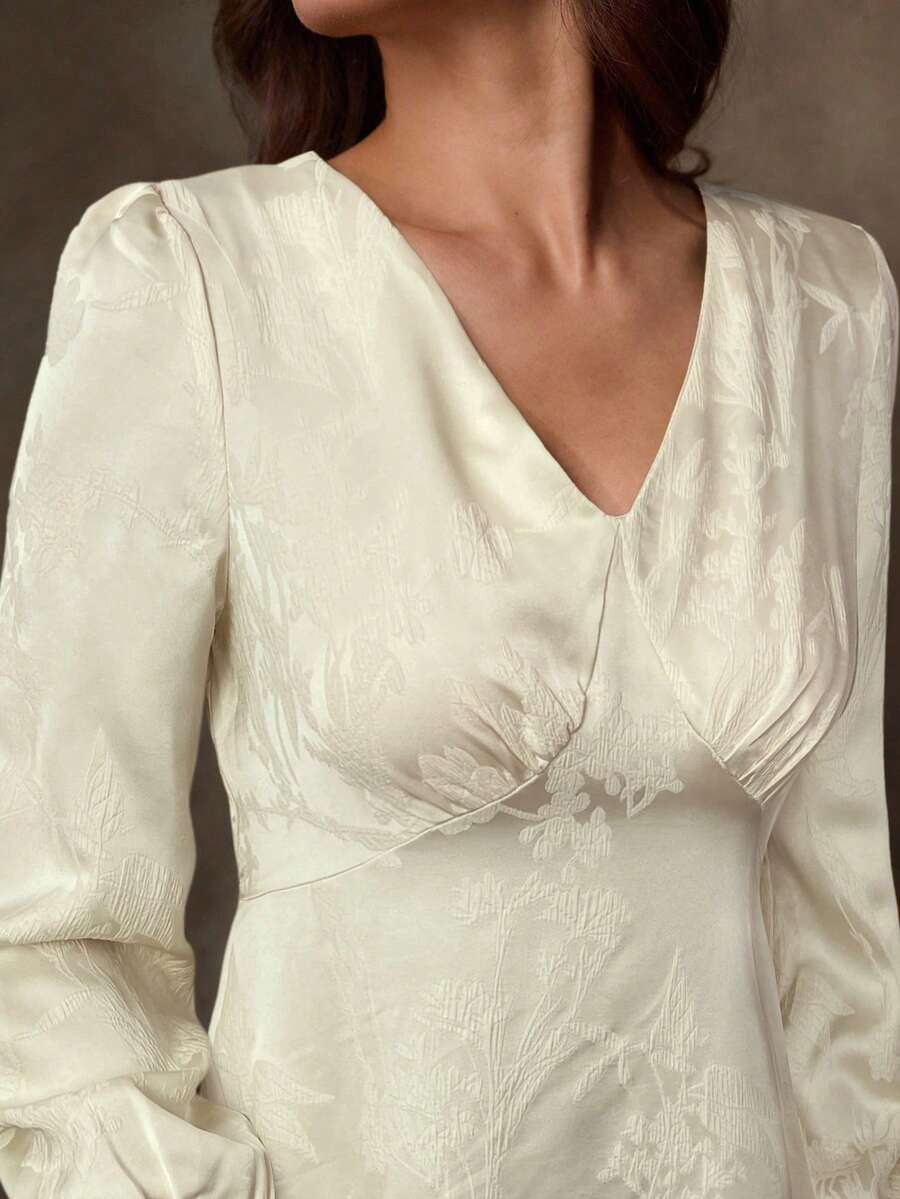 Lilora 杏色优雅深V领修身长袖女式长裙,简约优雅,缎面提花连衣裙,女士冬季优雅连衣裙,高端精致优雅。 - 杏色 - 查看 1