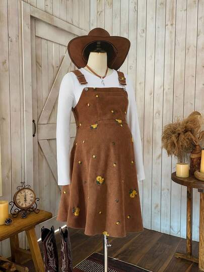 SHEIN Spring Outfit Women, Maternity Western Floral Embroidery Casual Suspender Dress Pinafore Dress Autumn Dress Daisy Dress Women Brown Sundress Sunflower Dress Women Corduroy Dress Farm Dress Cowgirl Dress Women
