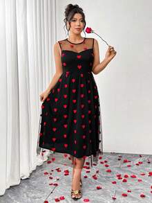 Elenzga Plus Size Women's Red Heart Embroidered Mesh Sleeveless Dress,Black And Red Summer Cute Party Casual Heart Pattern Dress For Valentine's Day/New Year - Multicolor - View 5