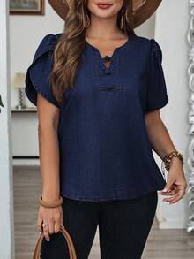 EMERY ROSE Plus Size Women Casual Loose Fit Daily Versatile Denim Short Sleeve Top Dark Blue Top Navy Blue Blouse Women Denim Tops - Dark Wash - View 4