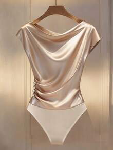 Franclia Minimalist Commuter Draped Collar Ruffle Trim Button Bodysuit For Women Satin Top Draped Top Silk Tops Women Tops Elegant Elegant Top Satin Bodysuit Elegant Satin Top - Apricot - View 1