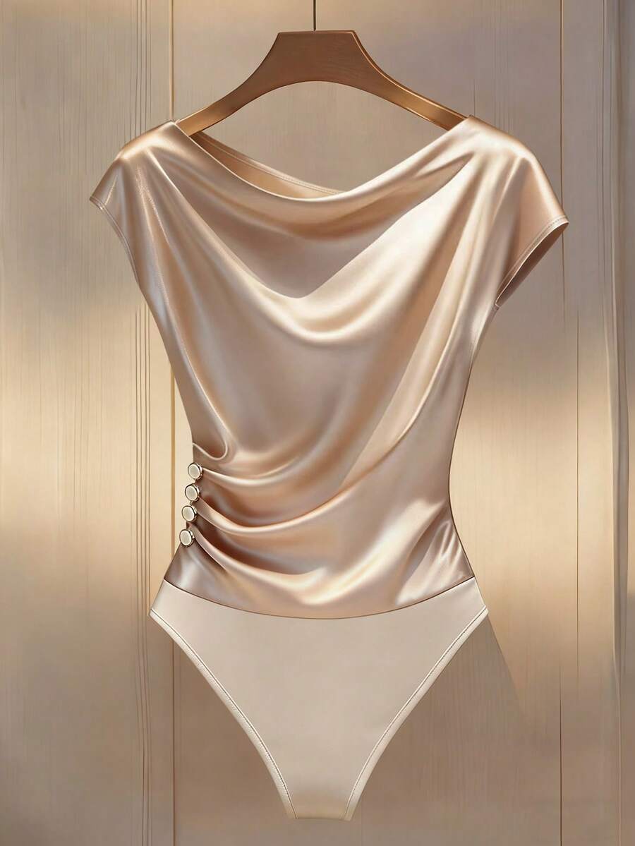 Franclia Minimalist Commuter Draped Collar Ruffle Trim Button Bodysuit For Women Satin Top Draped Top Silk Tops Women Tops Elegant Elegant Top Satin Bodysuit Elegant Satin Top - Apricot - View 1