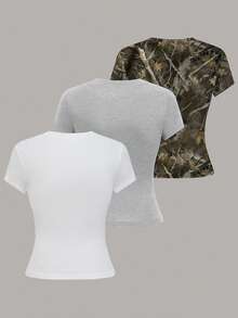 SHEIN LUNE Áo thun nữ tay ngắn cổ tròn màu trơn tối giản, thích hợp mặc hàng ngày. - Nhiều màu - Xem 2