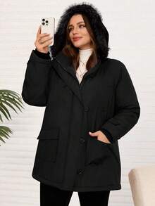 EMERY ROSE 大码女式拼接毛领可拆卸连帽羽绒服，带口袋，适合秋冬季、度假、节日、春季、情人节等场合 - 黑色 - 查看 2