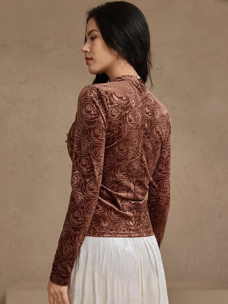 Women's Floral All-Over Print Pleated Collar Fashionable Versatile Long Sleeve Blouse, Suitable For Party And Commute