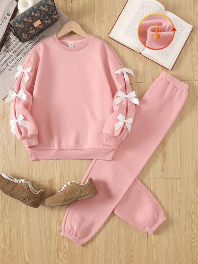 SHEIN Conjunto de sudadera de cuello redondo de manga larga con bloques de color y lazo, estilo universitario retro para niña preadolescente