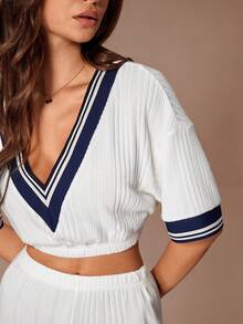 Lazeform 2 pièces/Set Haut à manches courtes col V décontracté et short pour femmes - Blanc - Voir 4