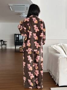 DAZY Women's Bear Pattern Plush Loose Pajama Set, Winter - Coffee Brown - View 2