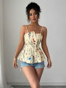 Selianne 女士春夏碎花不对称下摆吊带露脐上衣 - 鵝黃色 - 查看 6