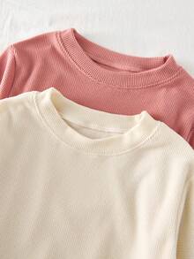 2pcs Girls' Beige & Lotus Pink Plush Checkered Basic Sleepwear Set, Long Sleeve Top & Pants, Autumn/Winter - Multicolor - View 3