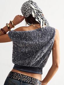 SHEIN BohoFeels Áo thun nữ dáng rộng đính sequin lấp lánh, có vai trần - Xám - Xem 7