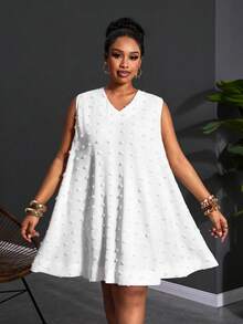 Slaydiva 大码女式夏季纯白色V领波点宽松A字迷你连衣裙，适合夏季穿着，也适合圣诞节、新年、感恩节、海滩、优雅场合、社交活动、通勤、日常穿着、商务、机场、派对、毕业典礼等场合。 - 白色 - 查看 1