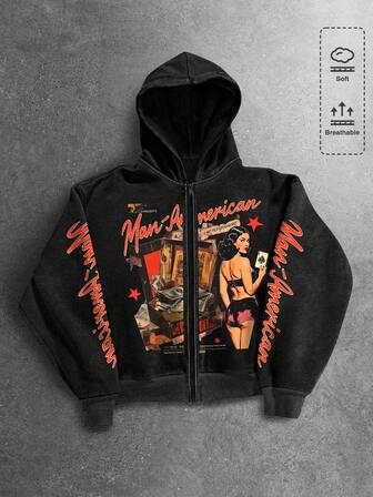 Herren Kapuzen-Sweatshirt mit Buchstaben- und Ziffern-Muster, Reißverschluss vorne, vielseitig für den täglichen Gebrauch, Langarm, Herbst/Winter