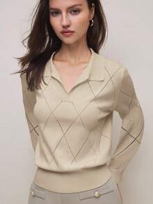 BizChic Women's Polo Collar Diamond Knit Long Sleeve Pullover Sweater, Urban Commute Business Casual Blouse, Elegant Party Outfit, Suitable For Office, Dating, Summer