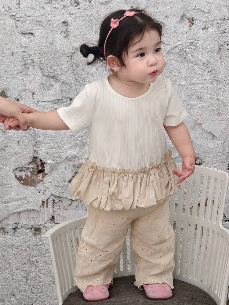 Baby Girls' Round Neck Contrast Color Ruffle Trim Casual Long Sleeve Top, Cute & Fresh For Spring/Autumn Summer Toddler Girls Clothes