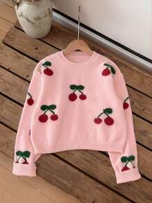 SHEIN Genkimix Kids 时尚休闲甜美樱桃印花套头毛衣，适合少女穿着 - 粉色 - 查看 6