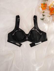 Comfortable Underwire Lace Patchwork Thin Underwear - Black - View 3