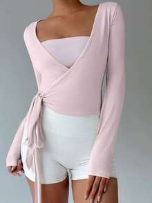 FavEase 粉色瑜伽健身运动高弹柔软裹身V领长袖短款紧身T恤，时尚简约休闲优雅百搭女装必备单品，春秋季 - 淺粉色 - 查看 5