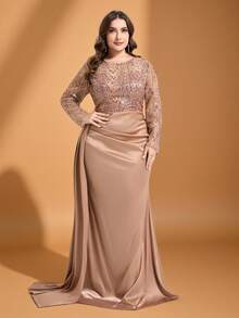 Coutiva 大码优雅秋冬圆领长袖刺绣亮片珍珠水钻装饰下摆拼接缎面鱼尾礼服，优雅派对鸡尾酒晚礼服，舞会礼服，适合婚礼宾客、毕业典礼、晚宴等场合。 - 香檳色 - 查看 5