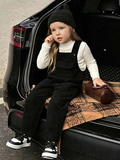 女童灯芯绒休闲纽扣口袋背带连体裤