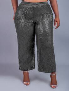 CurvyTilda Plus Size Women Solid Color Elastic Waist Wide Leg Loose Sequin Pants, For Hourglass Body Shape - Black - View 3