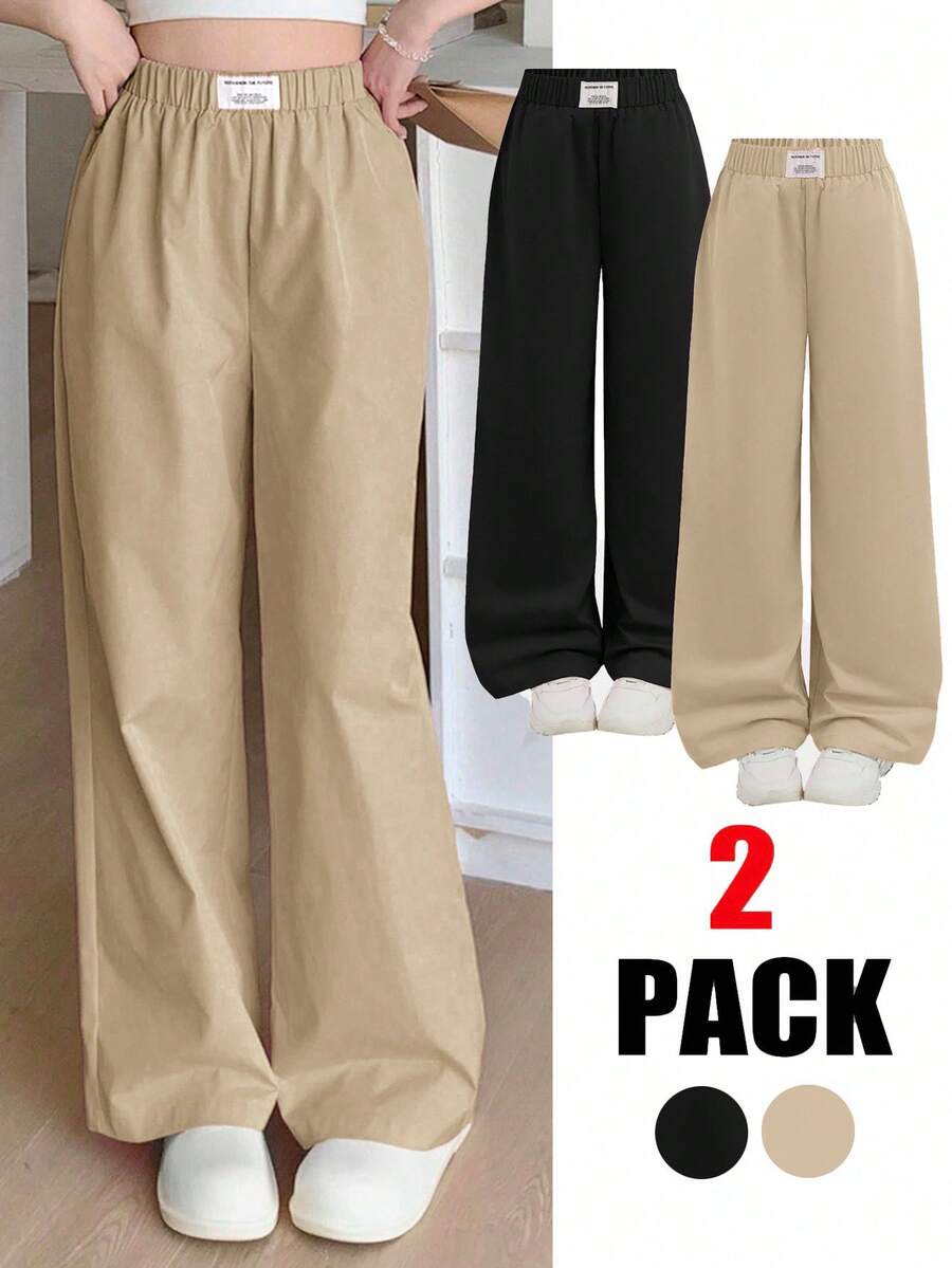SHEIN 2Pcs Tween Girls Casual Solid Khaki And Black Patch Dec Loose Wide Leg Pants, Black + Pink, Relaxed Style, Back To School Season 2 Pack Pants Baggy Pants 2 Piece Sets Pants Pack Pants Y2k - Khaki - View 1