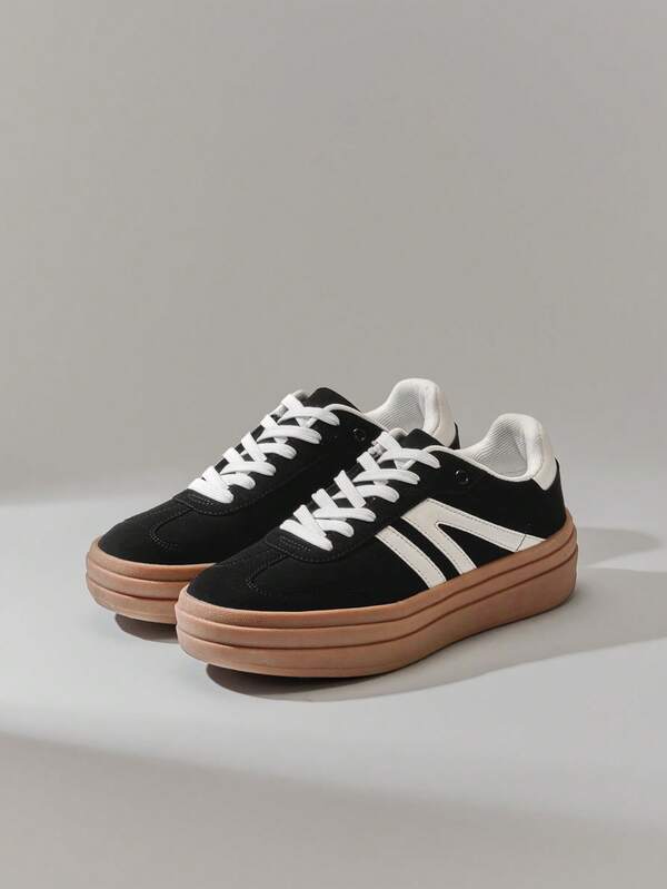 Solezae #StreetWave Women's Retro Trio Platform Suede Sneakers In Black & White – Bold Retro Aesthetic, Y2K Fit, Favorite Look For Christmas