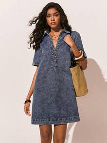Poéselle Women's Denim Dress, Casual Washed Denim Short-Sleeved Dress, Loose Over-The-Knee Dress, Pullover Half-Front Dress, Blue Dress, Casual Vacation Summer Outfit, Spring Break Outfit, Women's Vacation Outfit, Vacation Dress, Women's Casual Dress. - Medium Wash - View 8
