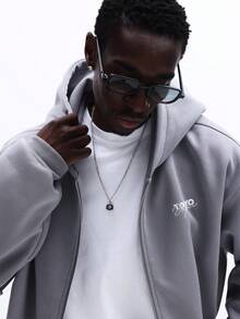 SUMWON Men's Zip Up Hoodie With Chest Logo Long Sleeve Casual Pullover Fall Winter Streetwear Sweatshirt Outerwear - Light Grey - View 4