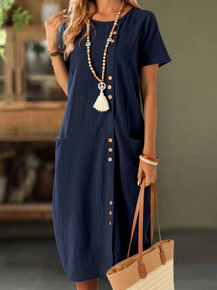 Vacation Casual Solid Color Front Button Dual Pocket Dress